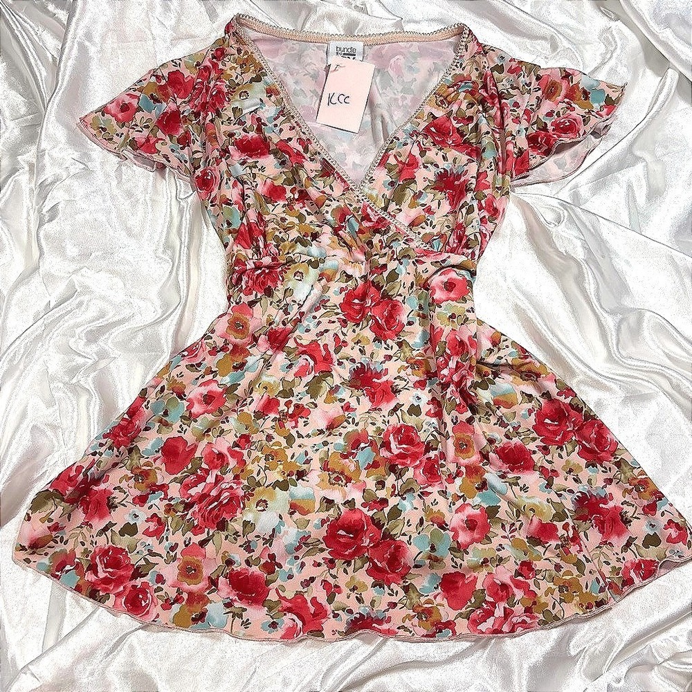 y2k floral Mini Dress Pink Flutter Sleeve V-Neck Lace Trim Rose Print